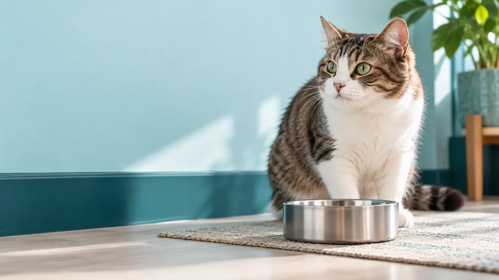 Cat beside a stainless steel pet bowl in a bright home