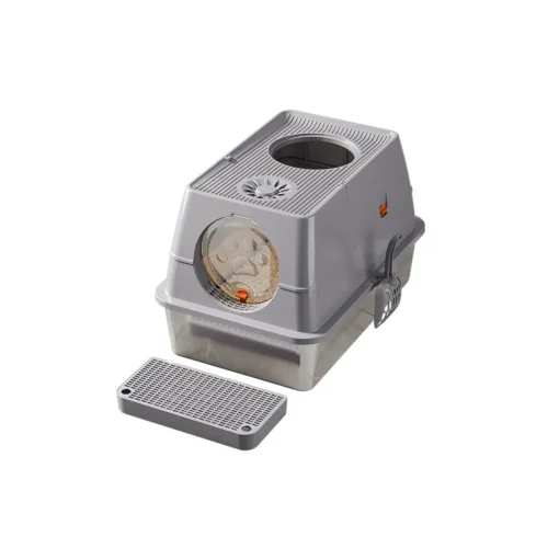 Wholesale enclosed top entry cat litter box with 304 stainless steel basin and grey lid