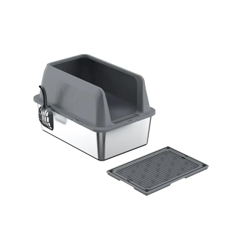 Black 304 stainless steel best litter box for cats with top entry lid.
