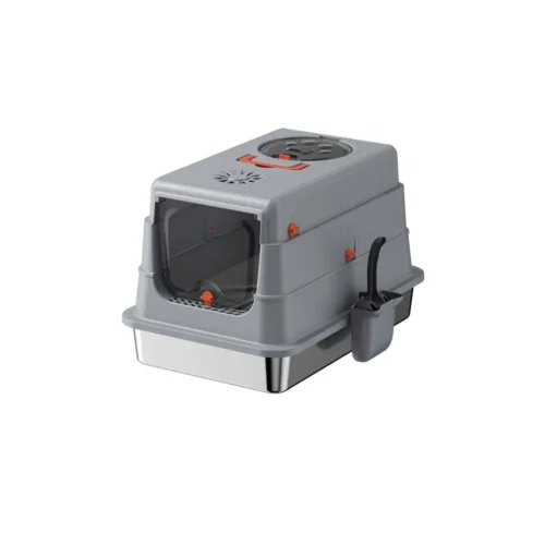 Fully enclosed cat litter box enclosure furniture in Space Gray.