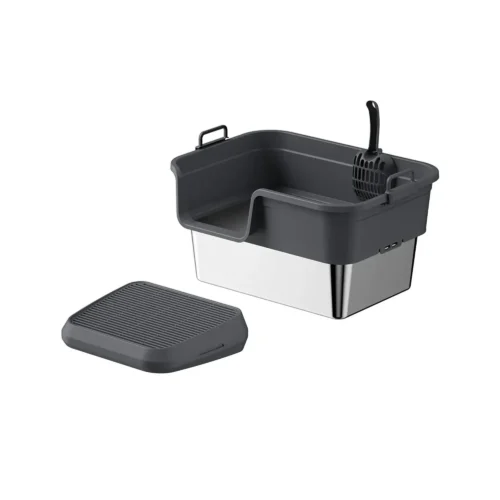 Wholesale wide 304 stainless steel cat litter box with 18cm high sides and gray splash guard