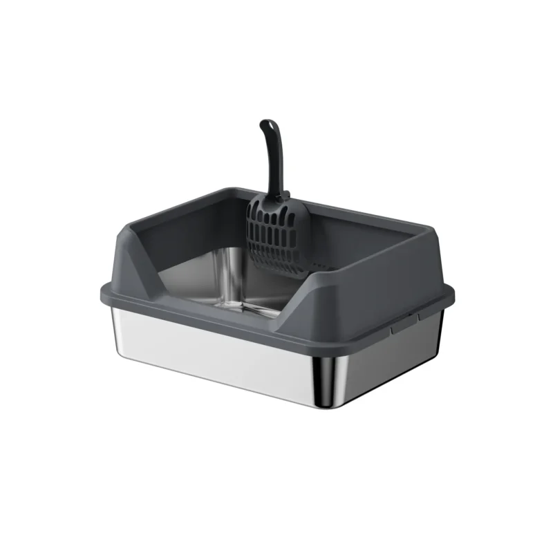 Open top cat litter box made of 304 stainless steel with grey high sided splash guard