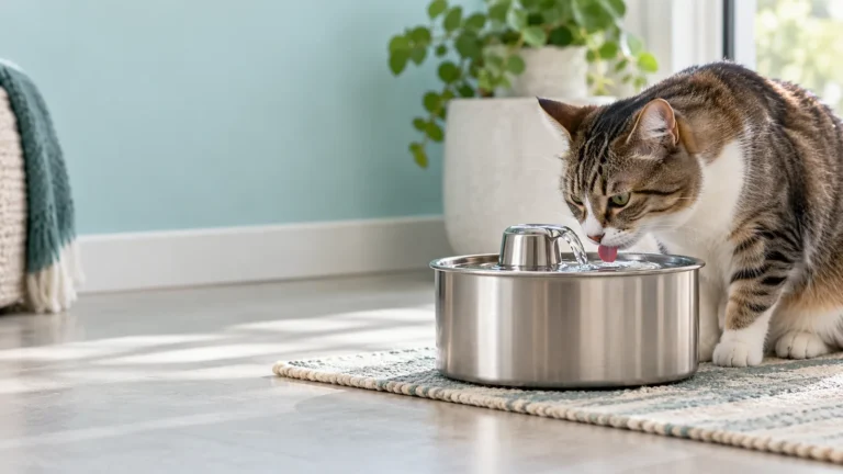 Cat drinking from a stainless steel pet water fountain in a bright home