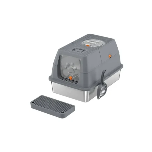 Closed cat litter box made of 304 stainless steel with dark grey flip-top enclosure.