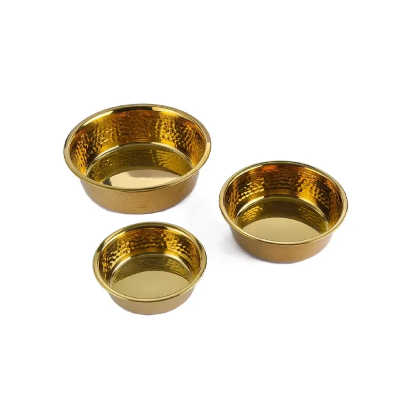 Wholesale 304 stainless steel dog bowl with luxury hammered gold finish, food-grade quality.
