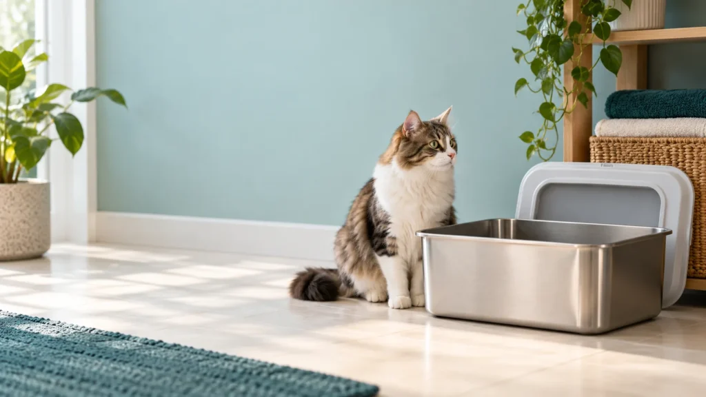 Cat beside a stainless steel litter box in a bright home
