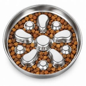 flower-slow-feeder-detail Top view of flower-pattern stainless steel slow feeder bowl with kibble