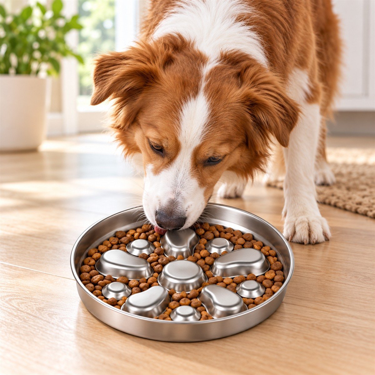 Dog eating from a stainless steel flower slow feeder bowl