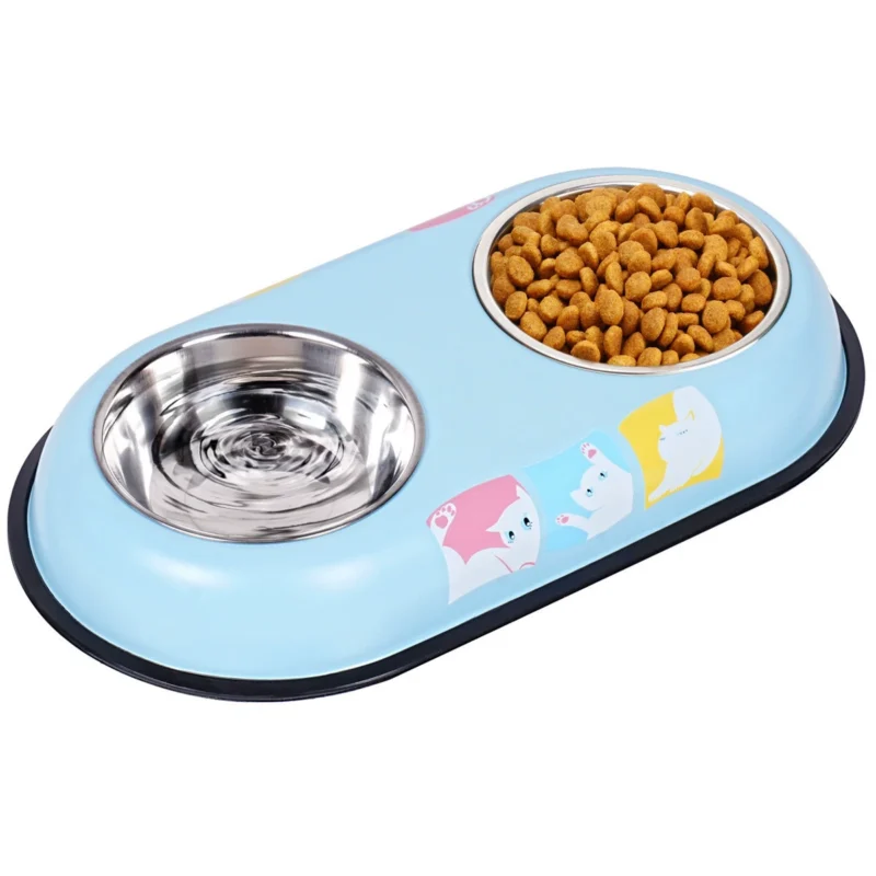 printed-double-pet-bowl-blue-cats Printed Stainless Steel Double Pet Bowl with Non-Slip Base | Wholesale OEM