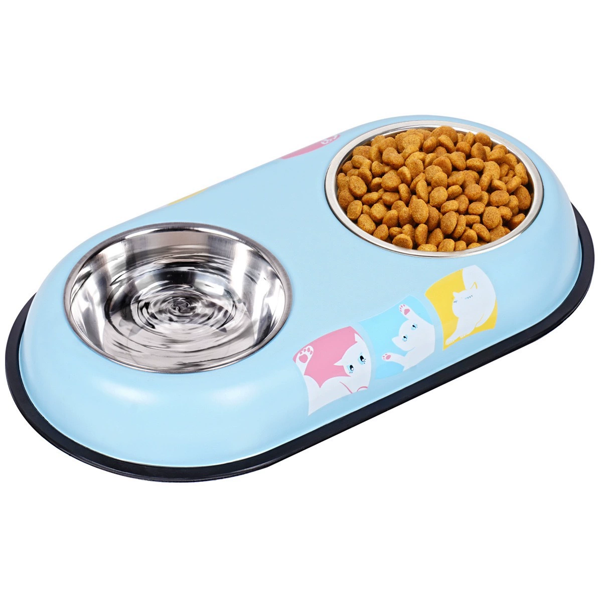 Blue cat-print stainless steel double pet bowl with non-slip base