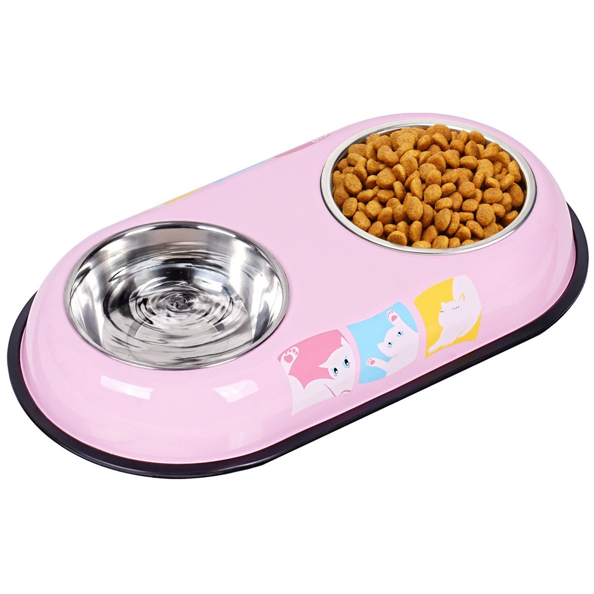Pink cat-print stainless steel double pet bowl for food and water