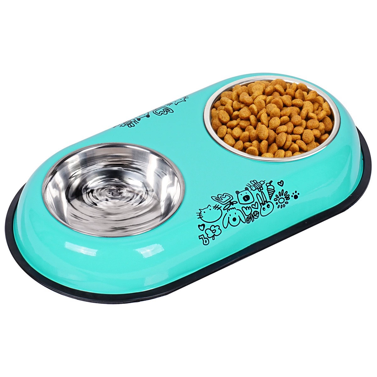 Turquoise printed stainless steel double pet bowl with removable bowls