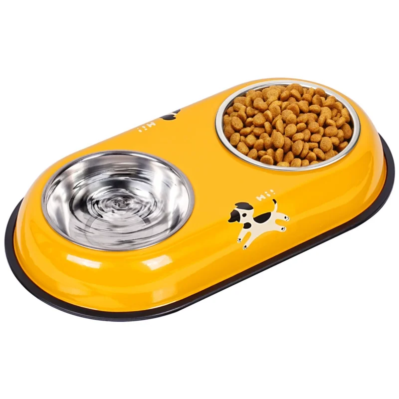 printed-double-pet-bowl-yellow-dog Printed Stainless Steel Double Pet Bowl with Non-Slip Base | Wholesale OEM