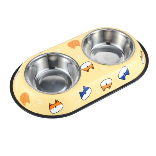 printed-double-pet-bowl-yellow-fox Printed stainless steel double pet bowl with removable inserts and non-slip base